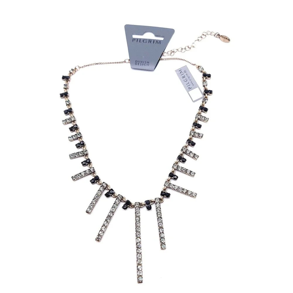 Pilgrim Fringe Bib Necklace Gold Tone Black‎ Clear Swarovski Crystal Statement
